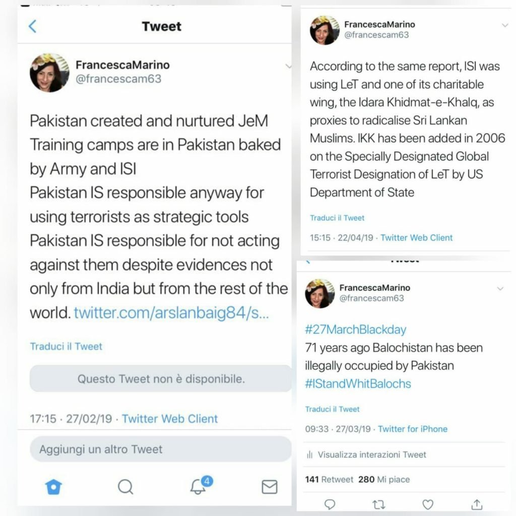 Few more tweets from French Journalist Francesca Marino's on Twitter allegedly violating Pakistan Law 