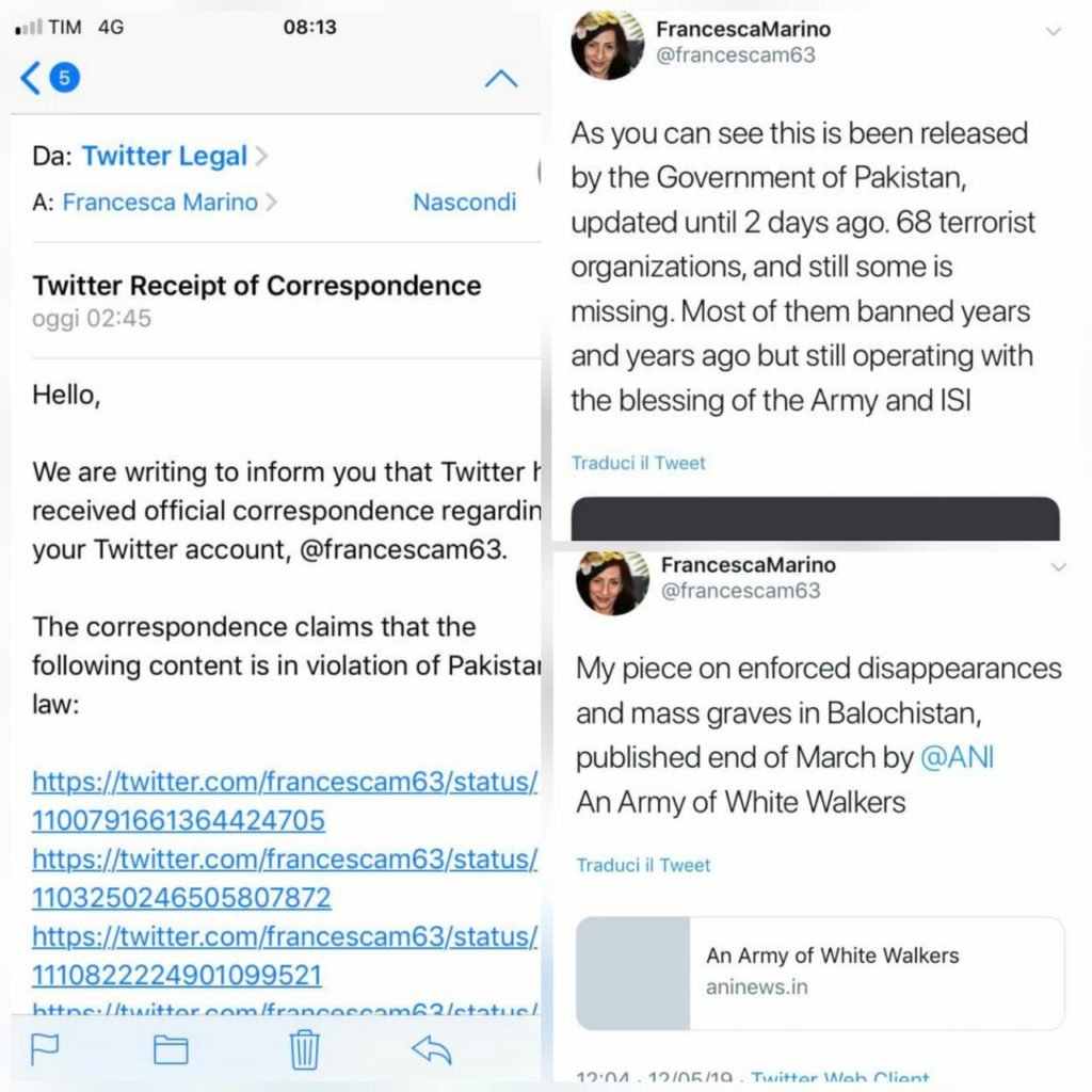 Twitter Legal Correspondence Received by French Journalist Francesca Marino and her tweets allegedly violating Pakistan Law