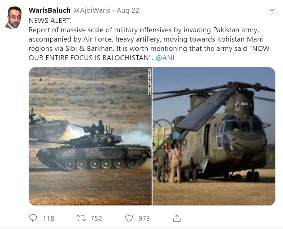 Tweet from Waris Baloch as Pakistan Army prepares for committing Genocide in Balochistan
