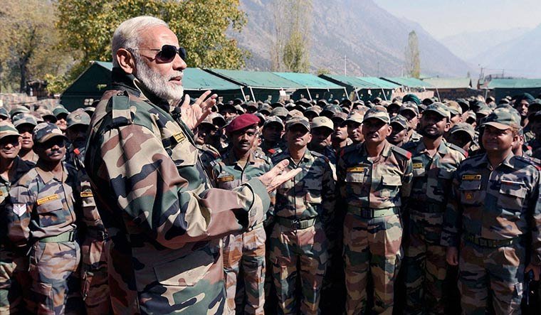 Indian Prime Minister Narendra Modi spending time with Indian Army