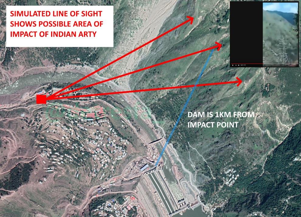 Satellite Image showing the simulated line of sight showing possible area of Impact of Indian Artillery 