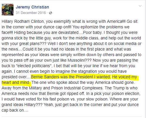 Facebook post of Jeremy Christian who killed 2 people in Portland, Oregon in 2017. MSM referred him as "far right"