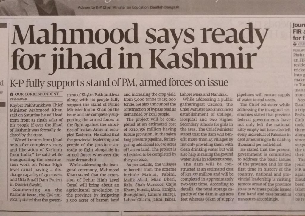 A report published in an Indian Newspaper about Pakistan ready to send thousands of Terrorists to fight in India in the name of Jihad.