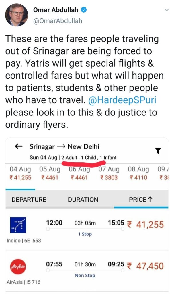 Ex-CM Omar Abdullah tweeted a screenshot showing fare charges of flights flying from Srinagar to New Delhi 