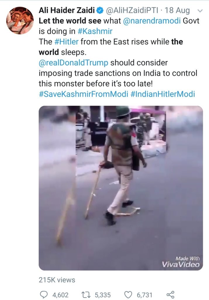 Tweet by a Pakistani Politician (Blue Tick) sharing a Fake Video allegedly from Indian Kashmir as part of Malicious Propaganda against India.