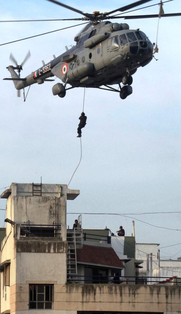  House was stormed by NSG commandos fast-roping from helicopters onto the roof, covered by snipers positioned in nearby buildings. 