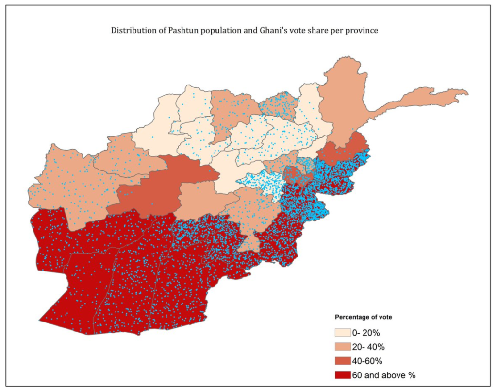 Afghan Election Preliminary Results: Distribution of Pashtun population and Ghani's Vote share per province.