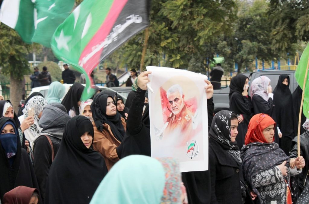 ISLAMABAD: Jan05- Activists of Imamia Organization Pakistan hold a protests in Islamabad, Pakistan as they shout slogans against U.S. airstrike in Iraq that killed Iranian Revolutionary Guard Gen. Qassem Soleimani during protest demonstration outside National Press Club in provincial capital. ONINE PHOTO by Sunny Ghouri