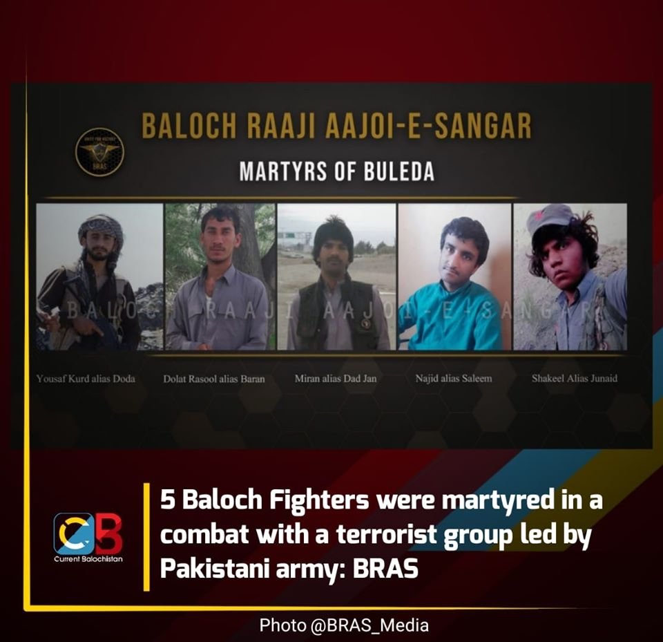 5 Balochistan Freedom Fighters were martyred in a combat with UN Designated Terrorist Group Lashkar-e-Taiba, led by Pakistani army 