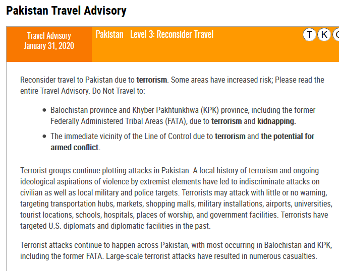 Pakistan Travel Advisory by United States