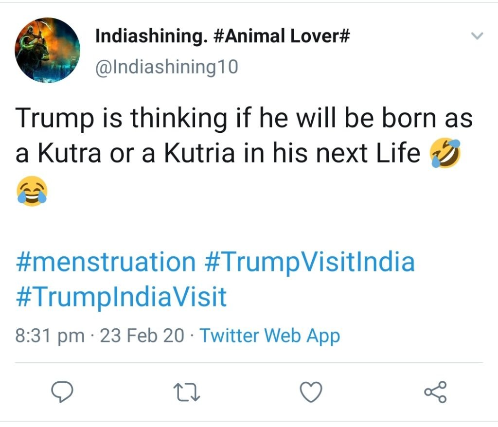 An Example of a Tweet by a Pakistani Handle with Fake Indian ID talking gibberish against President Trump to malign India during President Trump visit to India