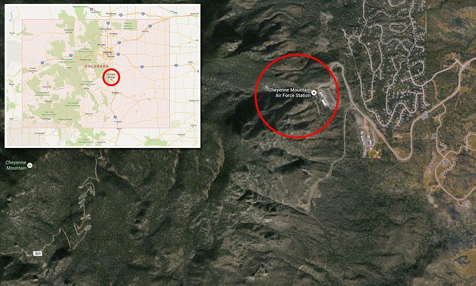 A satellite image of Cheyenne Mountain Air Force Station, with the long snaking road that leads to its main entrance.