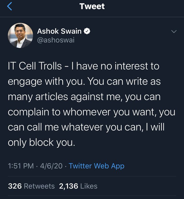 The Intellectual Hit-men or women: Tweet by Ashok Swain calling those exposing him as IT Cell Trolls.