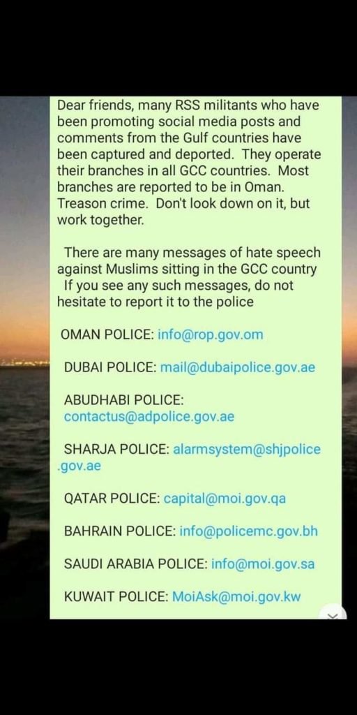 Game Of Malicious Prosecution Begins:  Whatsapp and Telegram messages are circulating giving Email addresses of Gulf authorities. What if Christians and Hindus use these to complain about hateful content by Pakistanis, Radicals and Leftists working in Gulf?