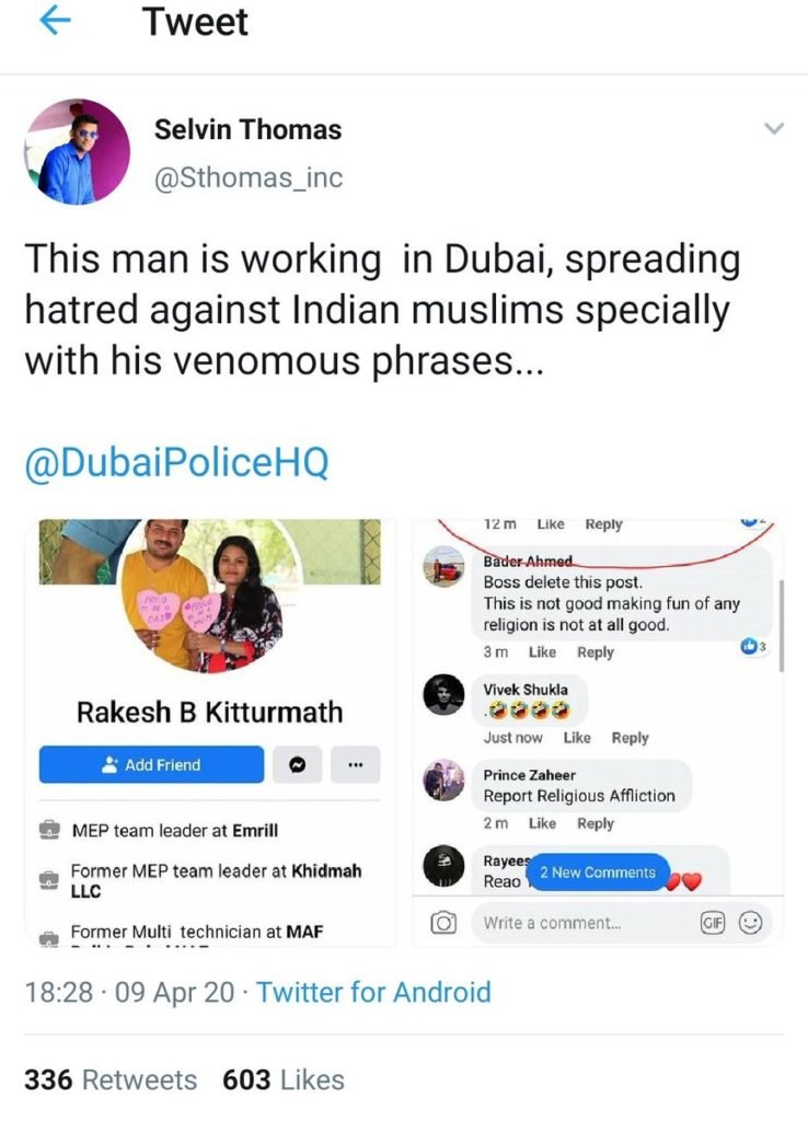 Game of Malicious Prosecution begins. Tweet by Congress Party in India worker also complaining to Dubai Police against Hindu handles.