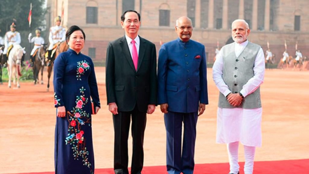 India's Outreach in South China Sea: Strategic Partnership with Vietnam . Vietnamese President Quang with PM Modi and President Kovind