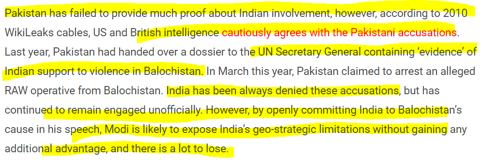No evidence that India is supporting the Freedom movement in Balochistan