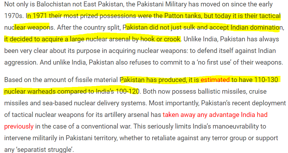 Screenshot of article of Ashok Swain that parrots the Nuclear Threat by Pakistan, which is the standard Pakistan Intelligence Agency ISI propaganda line