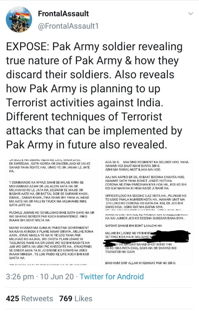 Pakistan Soldier exposes Corrupt Pakistan Army: Sending Terrorist to India: screenshot of the tweet by Frontal Assault.