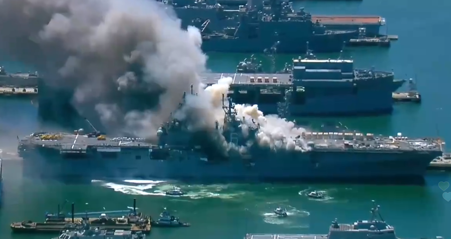 USS Bonhomme Richard On Fire: two other docked ships USS Fitzgerald and USS Russell, were moved to berths away from the fire