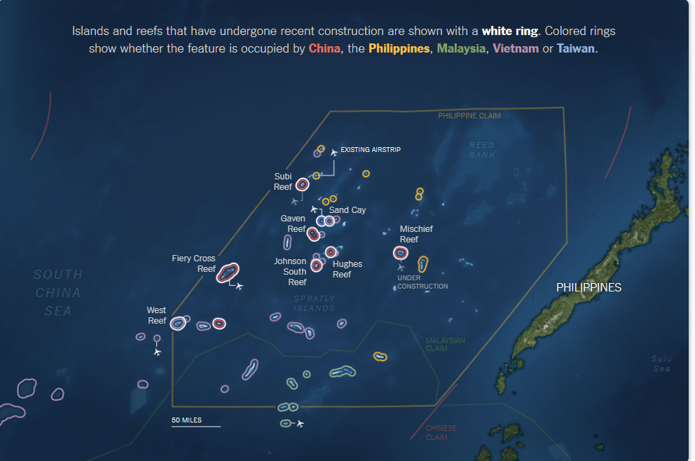 It's NOT just INDIA, China has Border Disputes with 18 Countries: Islands and reefs in South China Sea that have undergone recent construction are shown with white Ring.