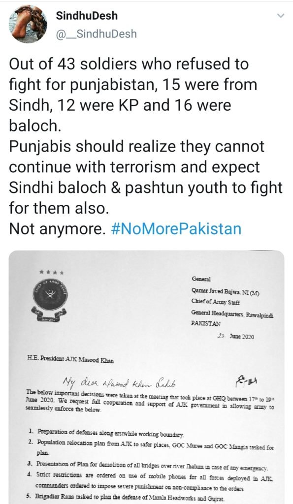Besides 15 Sindhi Soldiers, 12 Pashtun And 16 Baloch Soldiers Also Refuse To Fight Against India: Tweet by a social media user