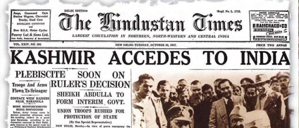 News Paper clipping: "Kashmir Accedes to India"