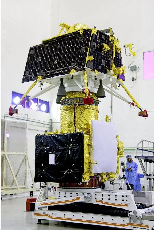 Vikram lander mounted on top of the orbiter of Chandrayaan 2