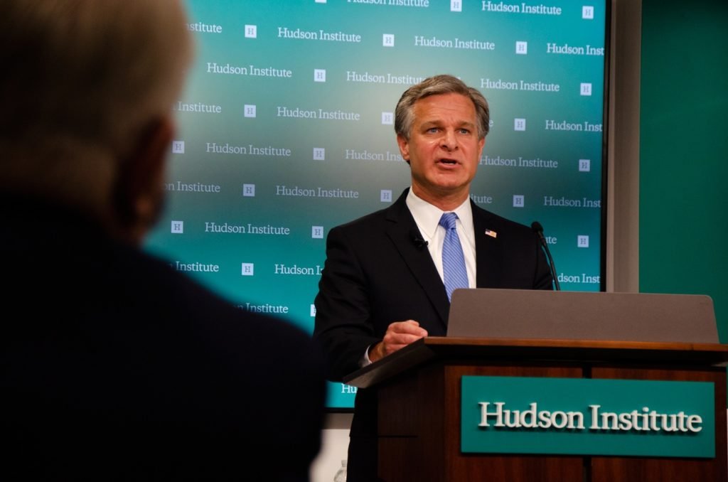 FBI Director Christopher Wray discusses the threat posed by the Chinese Government and the Chinese Communist Party to the economic and national Security of U.S. during a July 7, 2020 video event at the Hudson Institute in Washington, D.C.
