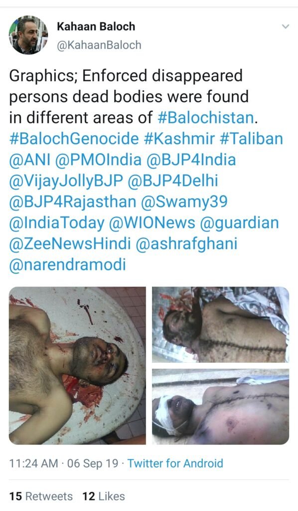 Tweet by Kahaan Baloch showing Barbarism of  Pakistani Army continues 
