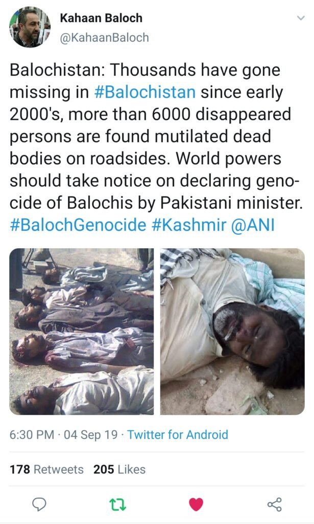 Tweet by Kahaan Baloch showing Barbarism of Pakistani Army continues
