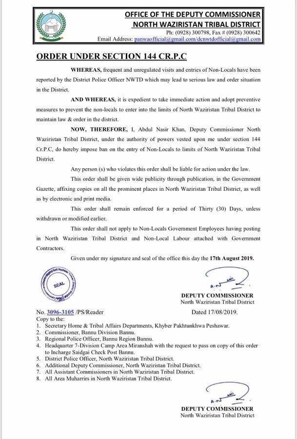 Pakistan Government has already restricted the entry of non-locals in North Waziristan Tribal areas since last one month.