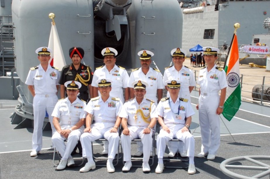 Group photograph on board INS Shivalik with Japanese Naval Seadership at Port Sasbo, Japan on 24 Jul 14