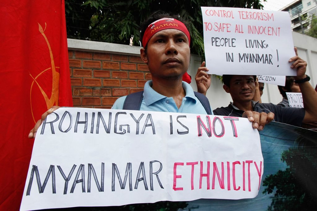 Protesters with the Banner “Rohingya is not Myanmar Ethnicity”