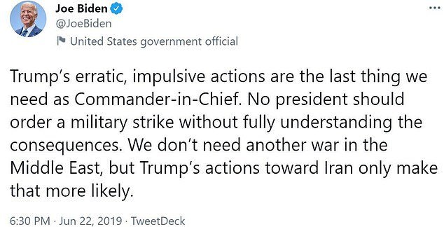 American War Drums Start Beating - Joe Biden's old tweet slamming Trump Administration for a similar act