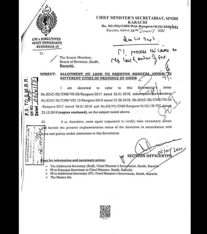 Circular for Land Allotment to Pakistan Rangers (Sindh)