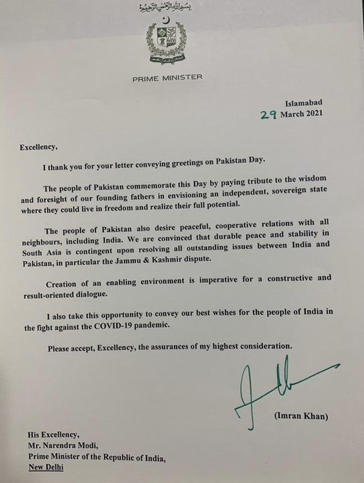 Imran Khan Trashes Rumors Of Peace With India : Letter written by Pakistan Prime Minister Imran Khan to Indian Prime Minister Narendra Modi