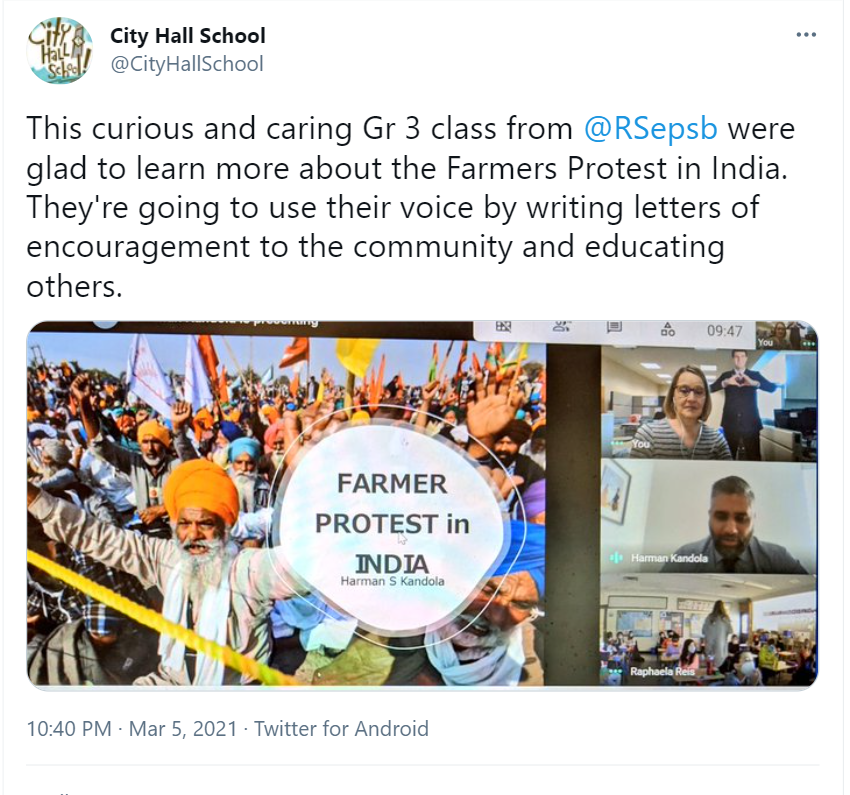 Project Khalistan Reignited in Canada? - screen shots of the twitter post about this material for schools, VP Alberta for WSO Khandola educating Grade 3 in Edmonton, worksheet